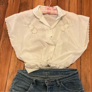 Vintage flower embroidered button up blouse